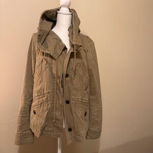 Green/khaki Hooded Jacket from Anthropologie with a big hood